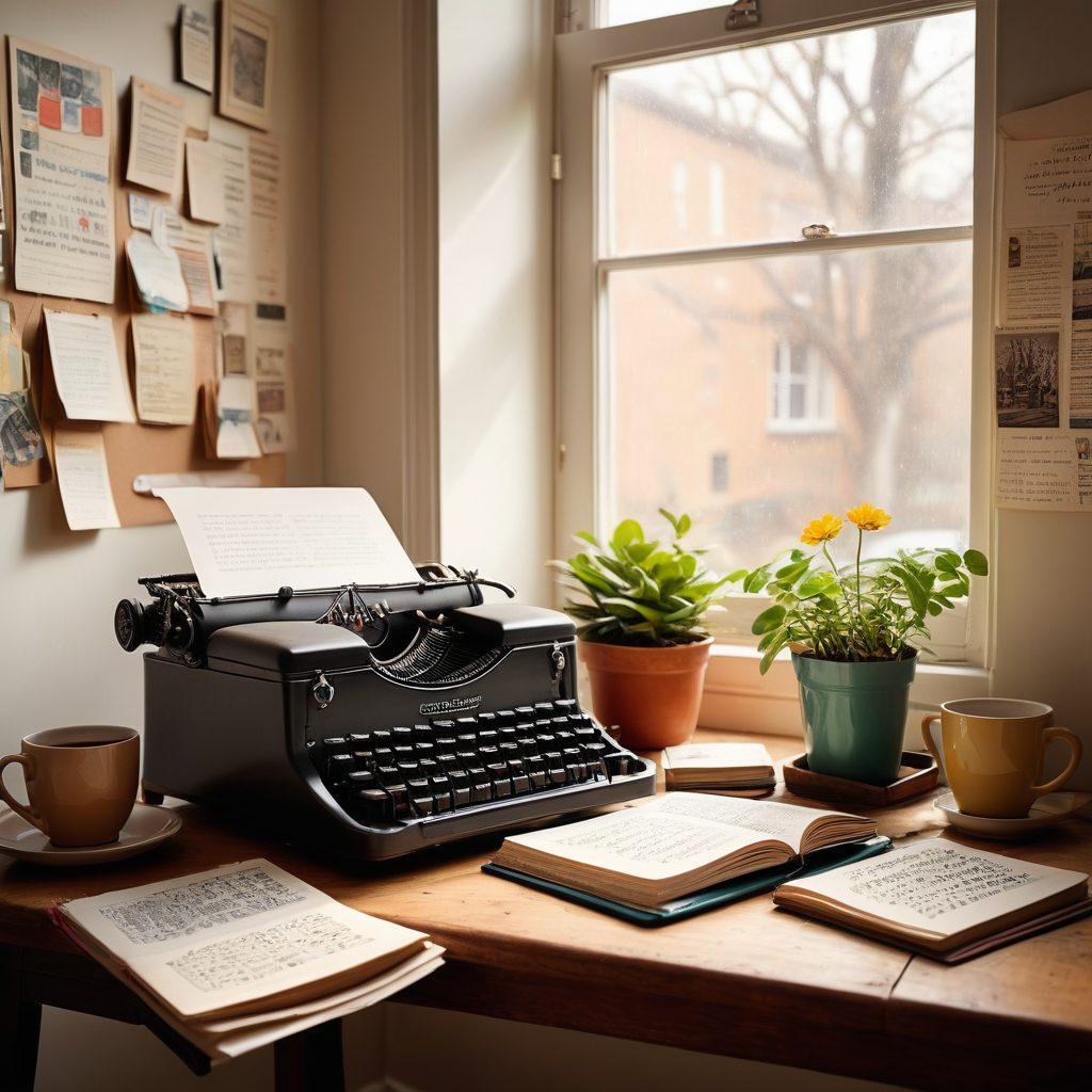 An intricately designed workspace with a vintage typewriter, scattered pages filled with captivating headlines, and an open notebook filled with colorful sketches. A warm cup of coffee sits beside a glowing laptop, illuminated by a soft, inviting light. In the background, a wall showcases pinned clippings of creative ideas and inspiring quotes. A gentle breeze rustles through the window, adding a sense of movement. warm tones. cozy atmosphere. illustrative style.