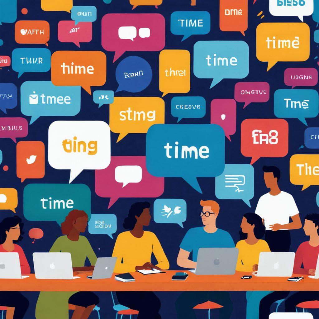 A diverse group of people gathered around computers and tablets, engaging in lively discussions about blogging. Include elements like chat bubbles, multimedia content, and social media icons, symbolizing connection and interaction. The background features a creative workspace with colorful posters of different blog themes and a large digital clock to emphasize time for engagement. Capture an energetic and collaborative atmosphere. vibrant colors. vector art.